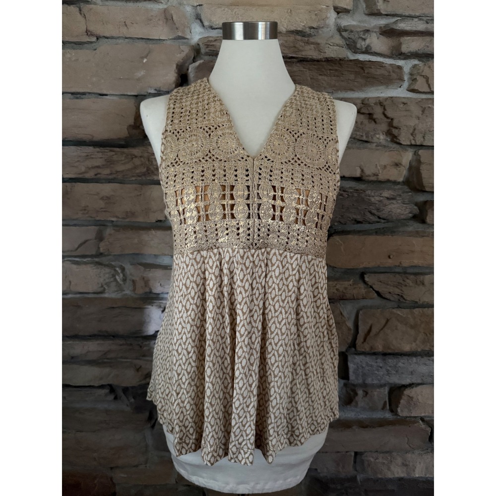 TINY Anthropologie Tan Crochet Lace Metallic Sleeveless Babydoll Top Medium
